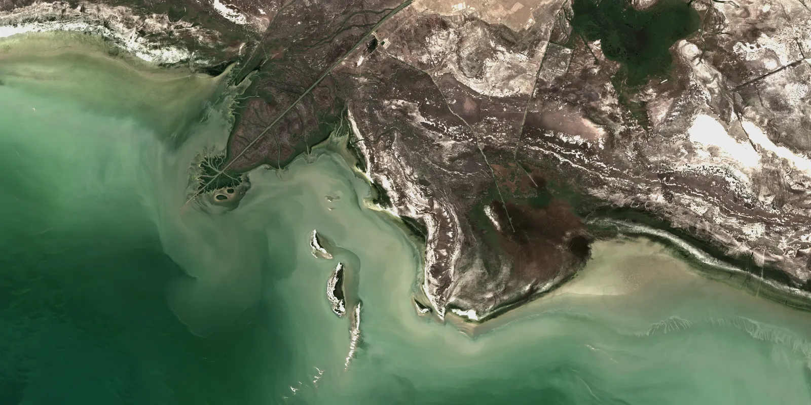 Устье Урала и берег Каспийского моря южнее Атырау: снимок Sentinel-2, 22 августа 2026 года